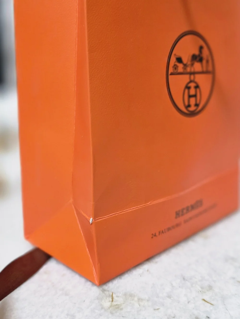 Hermes Paris Authentic Orange Shopping Gift Bag with Brown Ribbon 24 Faubourg